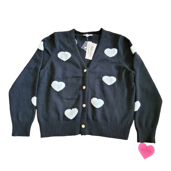 Nanette Lepore Heart Print Cardigan Black White Pearl Button XL Romantic Chic - Picture 11 of 17